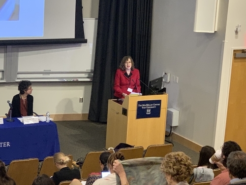 Marcia C. Inhorn, CMES Chair and William K. Lanman Jr. Professor of Anthropology and International Affairs, addresses conference attendees.